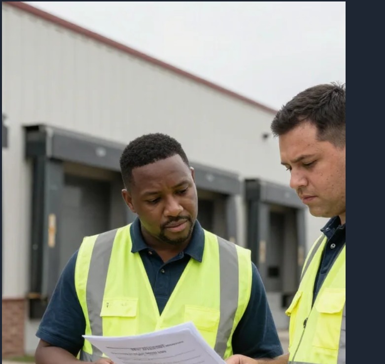 Technicians reviewing an inspection report at a commercial facility