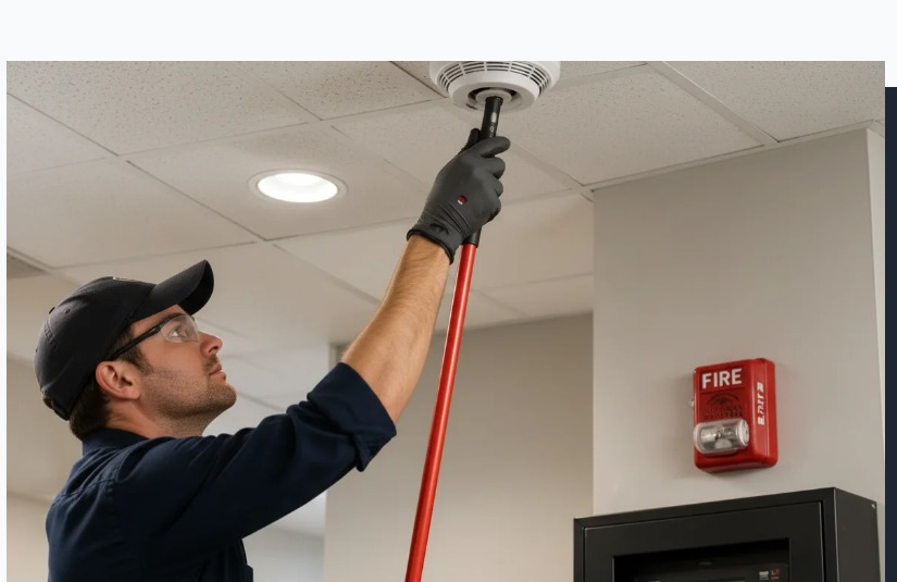 Technician testing a fire alarm smoke detector