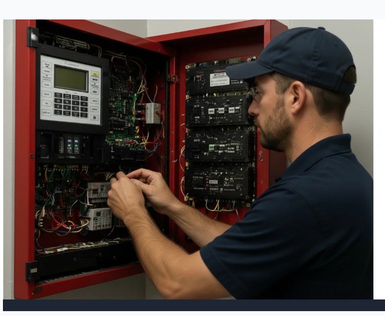 Technician installing and configuring a commercial fire alarm system